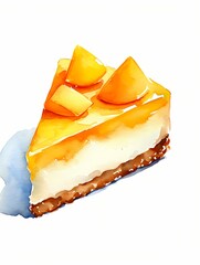 Watercolor illustration of a slice of mango cheesecake with a biscuit crust and fresh diced mango topping. Sweet, creamy dessert, delicious tropical flavor.