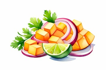 Watercolor illustration of fresh mango salsa ingredients: diced mango, red onion slices, lime wedge, and cilantro. Healthy, vibrant tropical food.