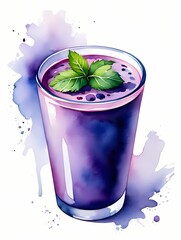 Watercolor drawing of a blueberry smoothie in a glass with a mint leaf on top. Refreshing, vibrant, and healthy berry drink illustration.