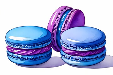 Blueberry Macarons. Watercolor illustration of three macarons with blueberry cream in bright blue and purple tones