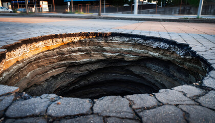 Large Sinkhole Opens Up In Asphalt Road Creating A Deep Circular Abyss With Visible Layers Of Earth And Debris Illuminated By Warm Evening Sunlight With Buildings In The Background