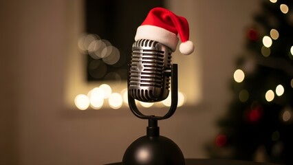 Retro metallic microphone wearing Santa hat ready for Christmas holiday music broadcast
