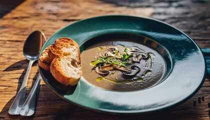 Rich Creamy Mushroom Soup Garnished with Sliced Mushrooms and Fresh Herbs Served with Toasted Baguette Slices on a Rustic Wooden Table with Natural Sunlight