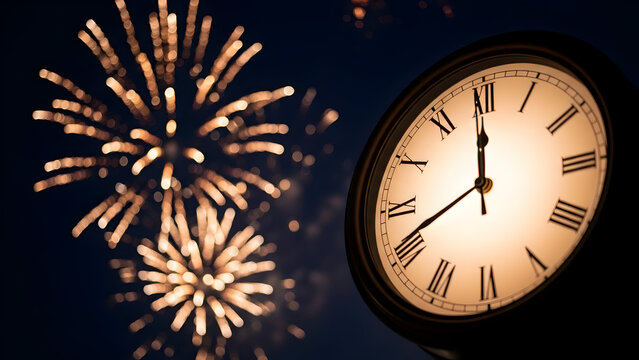 New year s eve countdown with fireworks and clock striking midnight in dark night sky celebration