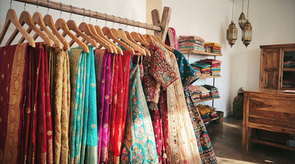 Close-up of ornate Indian garments on rack with rich textures and vibrant colors.