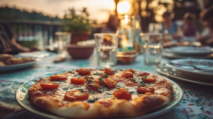 A table is set for a family gathering with homemade pizza as the centerpiece. Glasses of water and plates surround the delicious dish all illuminated by the warm glow of sunset.