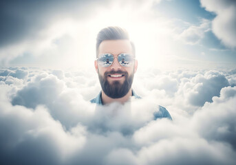 Man Above the Clouds Happy Smiling Person Wearing Sunglasses and Denim Shirt