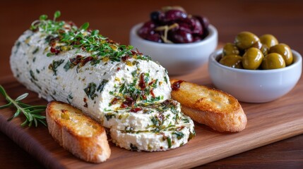 A creamy cheese log topped with herbs is sliced and displayed on a wooden board. Olive varieties and toasted bread accompany the dish creating a perfect snack.