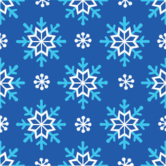 A vibrant royal blue seamless pattern featuring a scattered arrangement of delicate white and light blue winter snowflakes perfect for festive holiday designs and winter themes