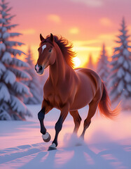 A galloping red horse, fluffy, airy, snow-covered trees covered with frost, spruce trees in the snow, sunset, radiance, close-up