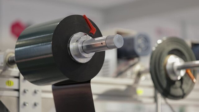 Closeup of industrial material roll mounted on a machine spindle, unwinding dark technical film. Equipment used in automated manufacturing, coating, packaging and processing lines