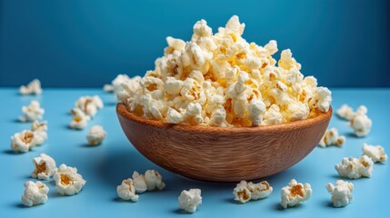 A wooden bowl filled with fluffy buttery popcorn sits against a bright blue background. Surrounding the bowl are scattered loose popcorn pieces perfect for sharing.