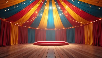 Empty circus tent interior stage with red podium. Colorful ceiling, draped curtains, twinkling lights create festive atmosphere. Wooden floor reflects warm glow. Ready for performance, show, event.