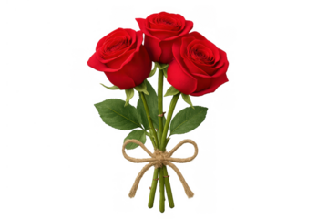 Red roses bouquet with jute twine bow representing love, romance, passion, and valentine's day on a transparent background