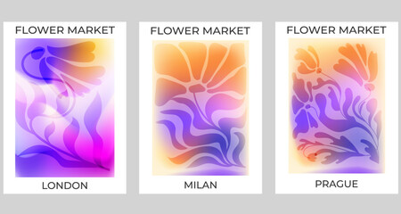Abstract colorful gradient floral poster set for modern design. Minimalist poster with flower. Modern  wallpaper design for home decoration, website, banner, ads