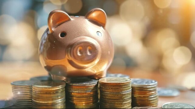 A close-up of a metallic copper-colored piggy bank resting on stacks of gold and silver coins The background is blurred with warm circular bokeh lights
