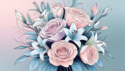 Elegant floral arrangement with soft pink roses and delicate white lilies for invitations, weddings, and romantic designs creating a heartfelt mood