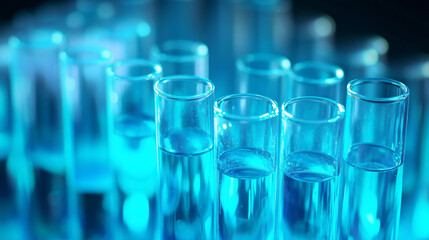 Intriguing blue liquid in test tubes for science or medical research
