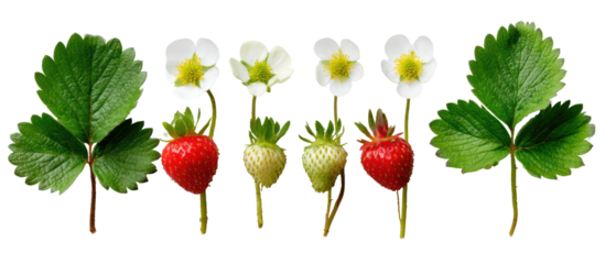 Strawberry plant growth stages with leaves isolated on transparent background