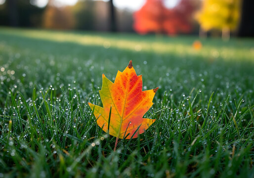Fall Maple Leaf on Dewy Grass Autumn Scenery Dew Drops Nature Outdoor Beauty