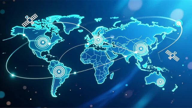 A glowing world map with orbiting icons showing the global supply chain mapping concept and logistics and distribution planning
