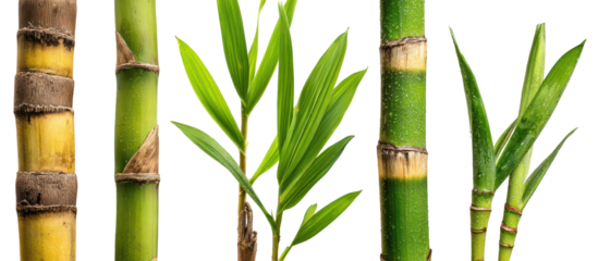 Close up of bamboo stalks and leaves isolated on transparent background
