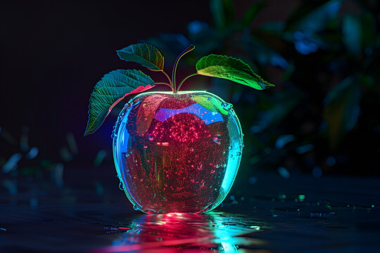 Stunning glowing glass apple with neon lights and water droplets rests on a reflective dark surface - Powered by Adobe