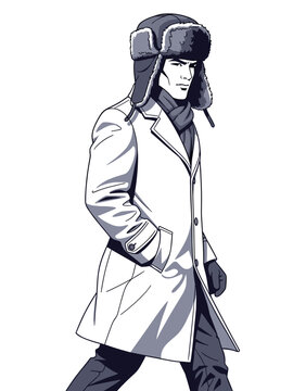 Man walking in winter coat and trapper hat on white background  