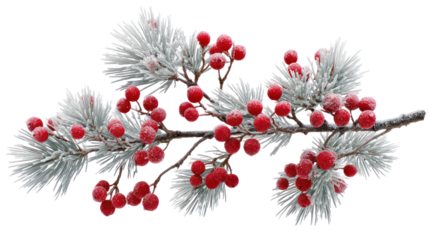 Frosted pine branch with red berries isolated on transparent background
