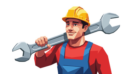 Smiling worker in hard hat with giant wrench: geometric artistic style