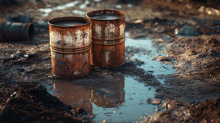 Rusty barrels reflecting in polluted water, perfect for environmental use