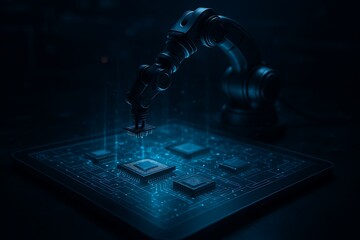 Robotic Arm Installing Microchip on Futuristic Circuit Board