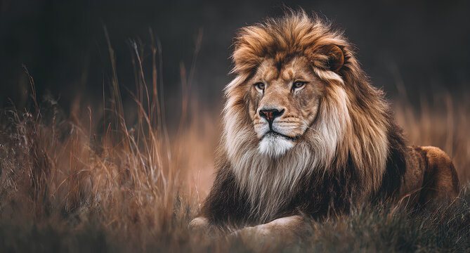 Powerful African lion resting calmly in dry brown savanna grass with a soft, dark background