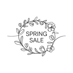 Hand drawn floral wreath announcing spring sale