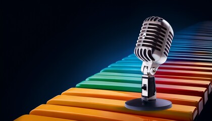 vintage microphone on colorful piano keys retro