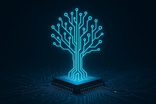 AI Tree Growing from Microchip on Circuit Board