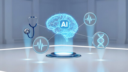 Artificial intelligence in medicine hologram display with medical icons