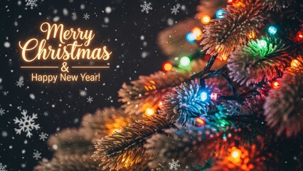 Close up of colorful christmas tree branch with glowing lights and falling snow, merry christmas and happy new year text overlay