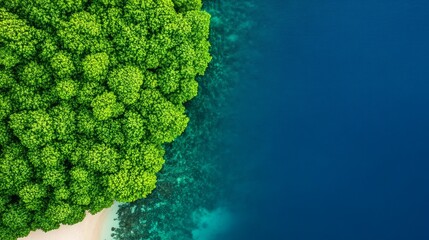 Aerial view vibrant green jungle edge meeting clear turquoise ocean water and white sand