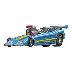Fototapeta premium Illustration of a blue dragster with yellow stripes and a large engine