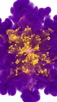 Vivid abstract animation of expanding organic purple and yellow light waves pulsing rhythmically outwards from a central point on a completely blank white background modern, yellow, innovation