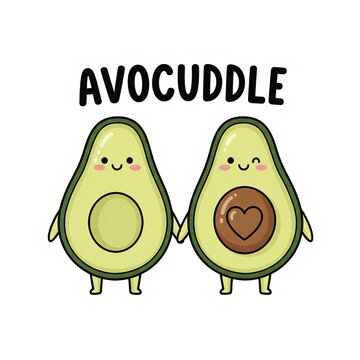 Cute cartoon avocado couple holding hands with avocuddle text for romantic valentine sticker