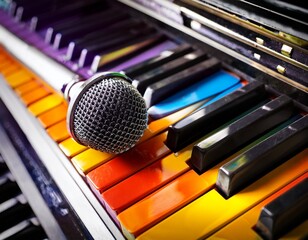 vintage microphones on colorful piano keys keyboard music
