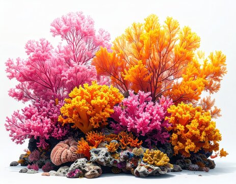 Vivid coral colony, pink and orange hues, against white