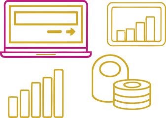 Digital technology vector icons: laptop, progress bar charts, and data storage elements. business analytics and connection concepts. Vector