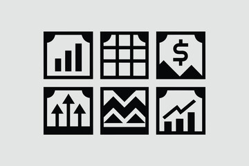 Collection of minimalist web icons depicting various financial trends and statistics in black and white design vector 