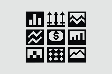 Collection of minimalist web icons depicting various financial trends and statistics in black and white design vector 