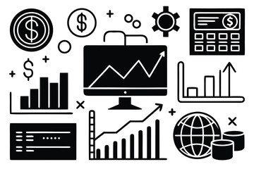 Collection of minimalist web icons depicting various financial trends and statistics in black and white design vector 