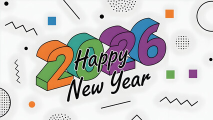 Colorful 3d 2026 happy new year text with abstract geometric shapes and patterns
