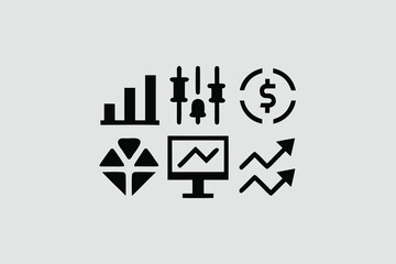 Collection of minimalist web icons depicting various financial trends and statistics in black and white design vector 
